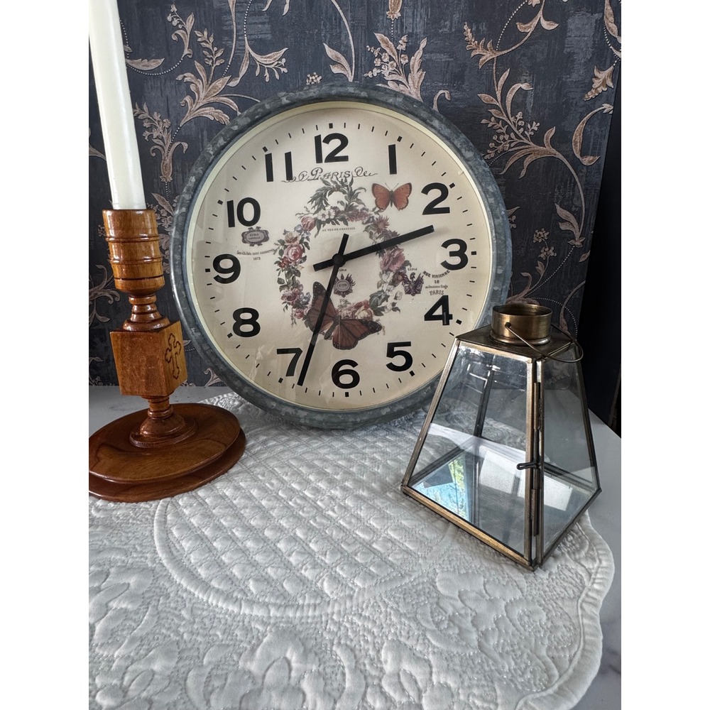 Paris Botanical Butterfly Wall Clock French‎ Country Farmhouse Gray Round 12in